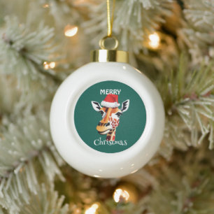 Funny Safari animals Giraffe Santa Xmas party Ceramic Ball Christmas Ornament