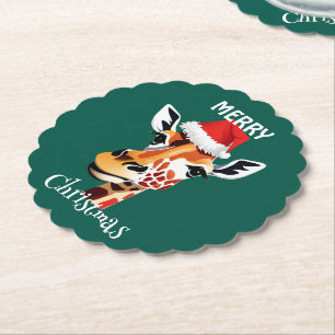Funny Safari animals Giraffe Santa Xmas party Paper Coaster