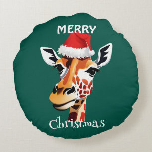 Funny Safari animals Giraffe Santa Xmas party Round Pillow
