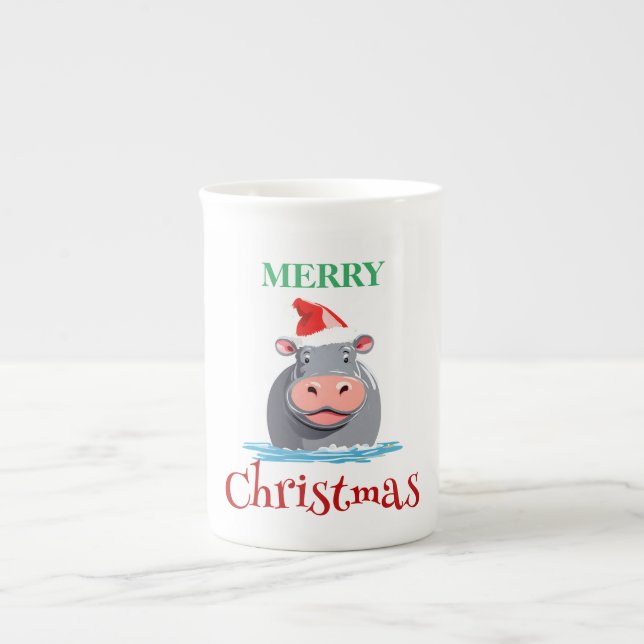 Funny Safari animals HIPPO Santa Christmas Costume Bone China Mug (Front)