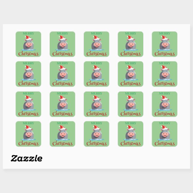 Funny Safari animals HIPPO Santa Christmas Costume Square Sticker (Sheet)