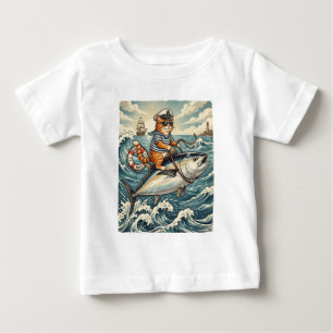 Funny Sailor Cat Riding Tuna Fish Vintage Baby T-Shirt
