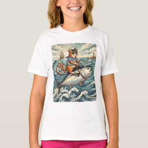 Funny Sailor Cat Riding Tuna Fish Vintage T-Shirt