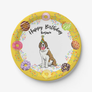 Funny Saint Bernard Dog Doughnuts Birthday Party Paper Plate