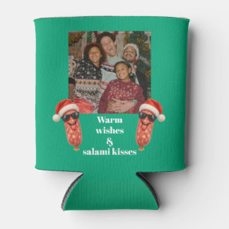 Funny salami kisses family photo Christmas Can Cooler