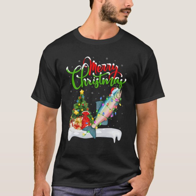 Funny Salmon Fish Lover Xmas Lighting Salmon Chris T-Shirt (Front)