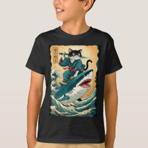 Funny Samurai Cat Riding Shark Vintage Cat Anime B T-Shirt