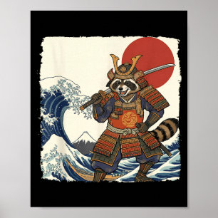 Funny samurai raccoon japanese warrior & art poster