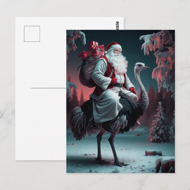 Funny Santa and Ostrich Christmas Snow Postcard (Front/Back)