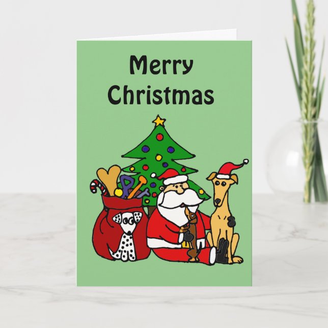 Funny Santa and Puppy Dogs Christmas Art Holiday Card (Front)