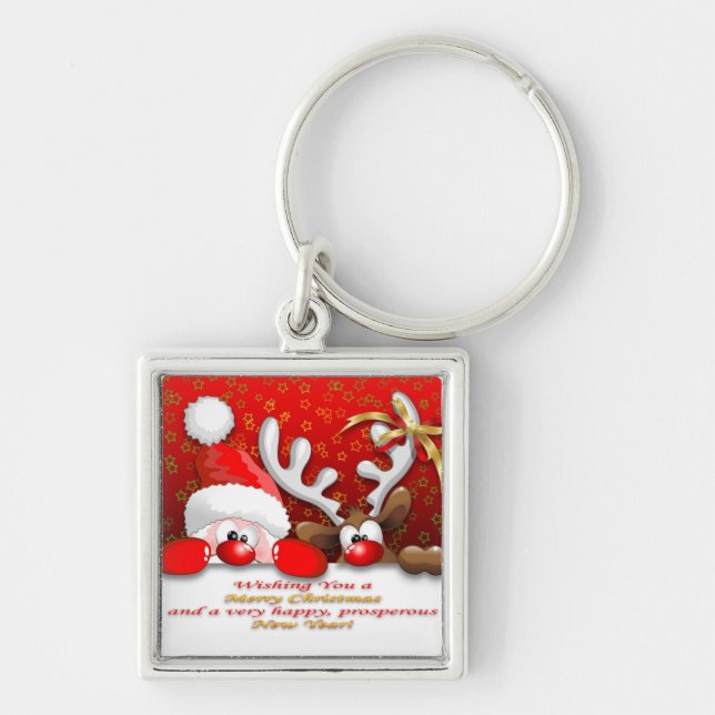 Funny Santa and Reindeer Cartoon Keychain (Front)