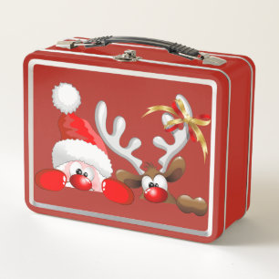 Funny Santa and Reindeer Cartoon Metal Lunch Box