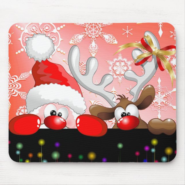 Funny Santa and Reindeer Cartoon Mousepad (Front)