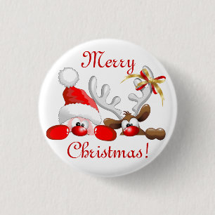 Funny Santa and Reindeer Cartoon Ornament Magnet 1 Inch Round Button