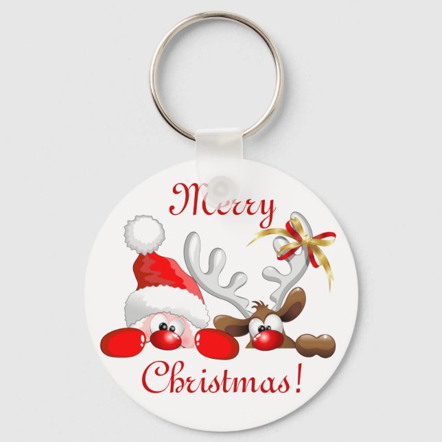 Funny Santa and Reindeer Cartoon Ornament Magnet B Keychain (Front)