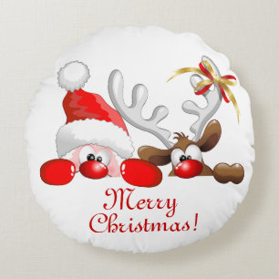 Funny Santa and Reindeer Cartoon       Round Pillow