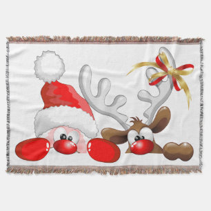 Funny Santa and Reindeer Cartoon         Throw Blanket