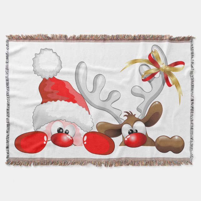 Funny Santa and Reindeer Cartoon         Throw Blanket (Front)