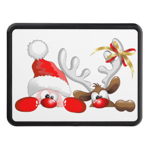 Funny Santa and Reindeer Cartoon         Trailer Hitch Cover