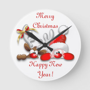 Funny Santa and Reindeer Cartoon Wall Clock
