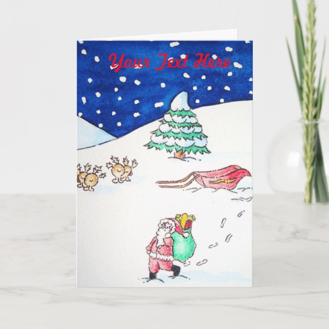 funny santa and reindeer with gifts for christmas holiday card (Front)