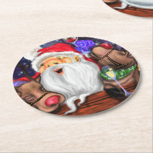 Funny Santa and Reindeers Christmas Party - Fun Round Paper Coaster