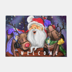 Funny Santa and Reindeers Christmas Party Welcome Doormat