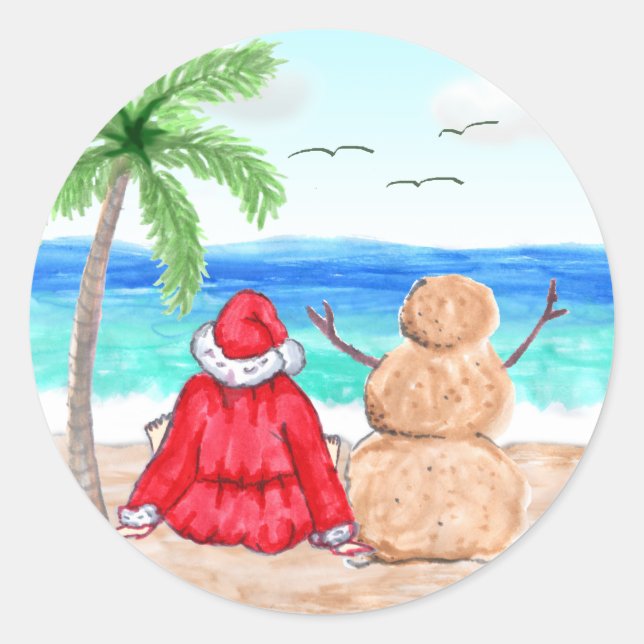 Funny Santa and Snowman on the Beach Christmas Classic Round Sticker (Front)