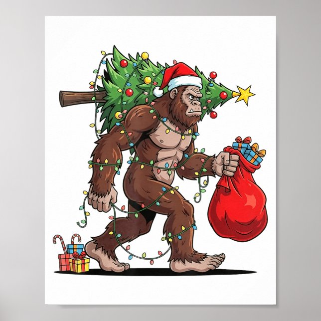 Funny Santa Bigfoot Christmas Tree Lights Xmas Boy Poster (Front)