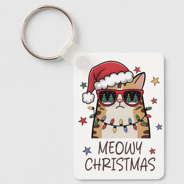 Funny Santa Cat “Meowy Christmas”  Keychain (Front)