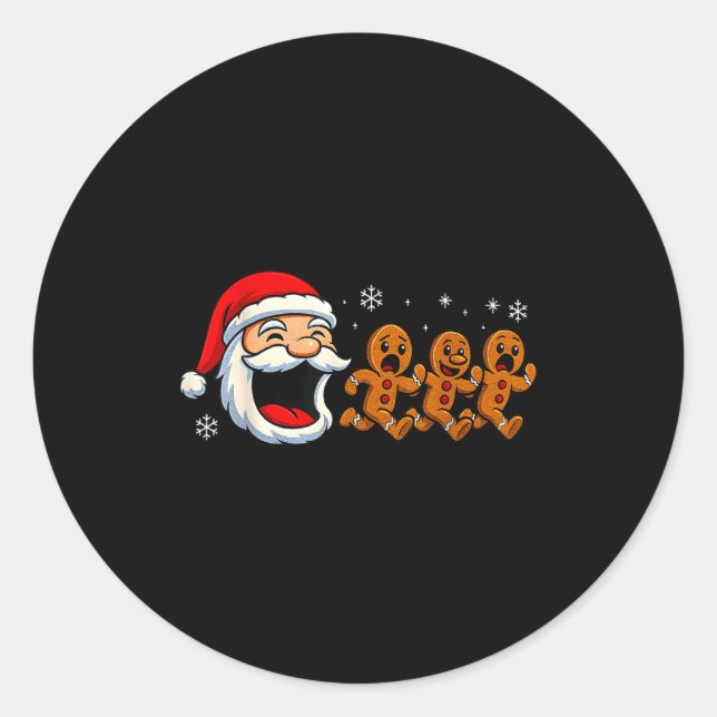 Funny Santa Chasing Gingerbread Christmas Cookie  Classic Round Sticker (Front)