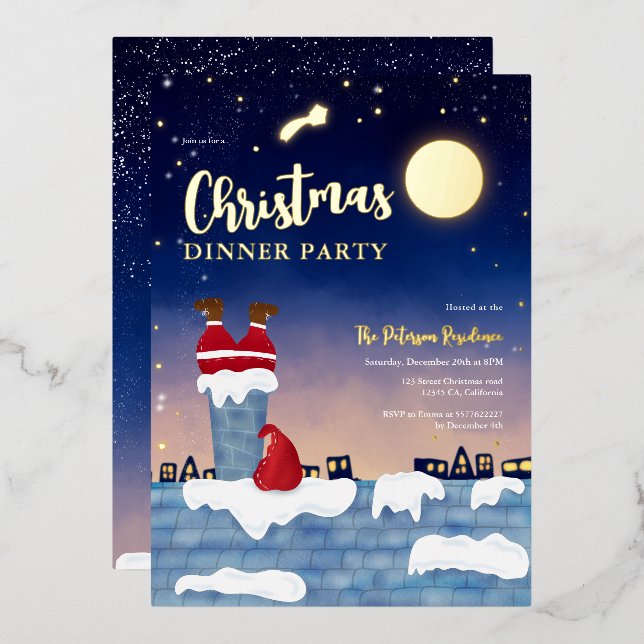 Funny Santa chimney Christmas party illustration Foil Holiday Card (Front/Back)