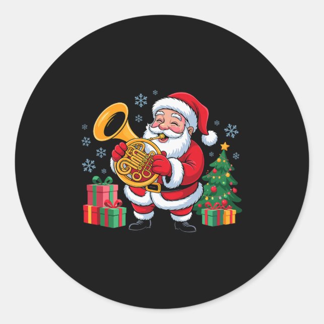 Funny Santa Christmas Design French Horn Holiday X Classic Round Sticker (Front)