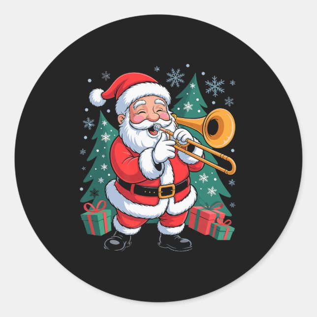 Funny Santa Christmas Design Trombone Holiday Xmas Classic Round Sticker (Front)