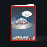 Funny Santa Claus Alien Christmas Holiday Card<br><div class="desc">Funny Santa Claus Christmas cards that can be personalized with your own custom quote bubble text! This unique comic design by Raphaela Wilson depicts Santa and Rudolph the red nose reindeer soaring high over a neighbourhood in a silver ufo flying saucer. Santa's quote bubble reads: "Woohoo! Technology is awesome!", but...</div>