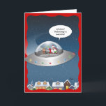Funny Santa Claus Alien Christmas Holiday Card<br><div class="desc">Funny Santa Claus Christmas cards that can be personalized with your own custom quote bubble text! This unique comic design by Raphaela Wilson depicts Santa and Rudolph the red nose reindeer soaring high over a neighbourhood in a silver ufo flying saucer. Santa's quote bubble reads: "Woohoo! Technology is awesome!", but...</div>