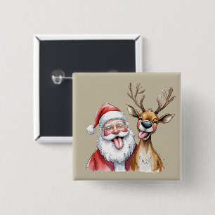 Funny Santa Claus and Reindeer Christmas Winter 2 Inch Square Button
