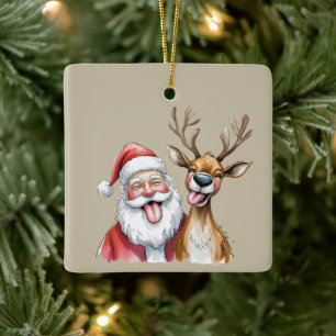 Funny Santa Claus and Reindeer Christmas Winter Ceramic Ornament