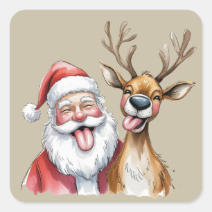 Funny Santa Claus and Reindeer Christmas Winter Square Sticker
