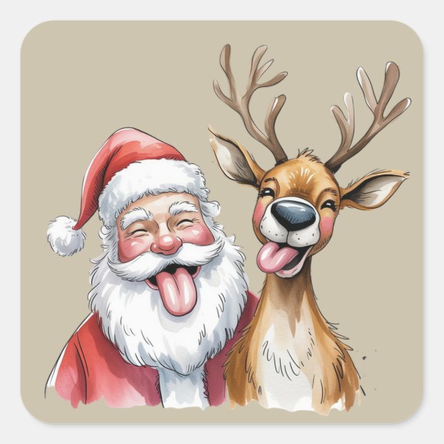 Funny Santa Claus and Reindeer Christmas Winter Square Sticker (Front)