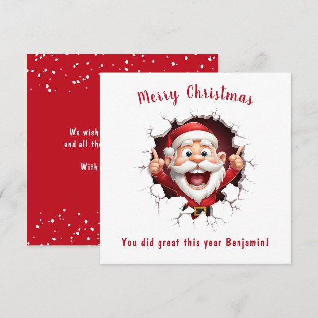 Funny Santa Claus breaking through Christmas card (Front/Back)