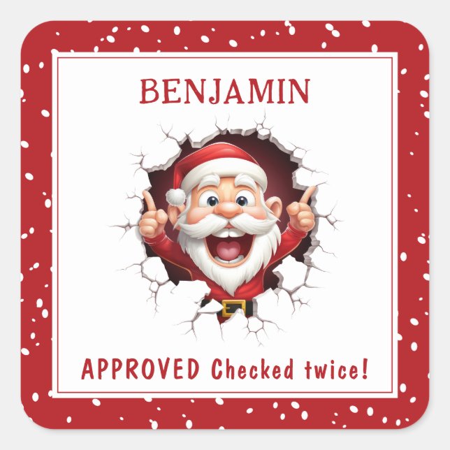 Funny Santa Claus breaking through Name Christmas Square Sticker (Front)