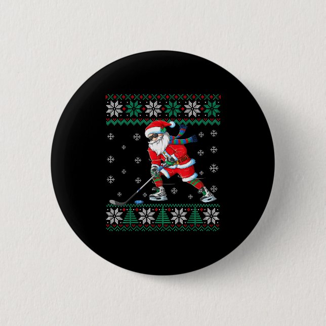 Funny Santa Claus Christmas Ice Hockey Ugly Sweate 2 Inch Round Button (Front)