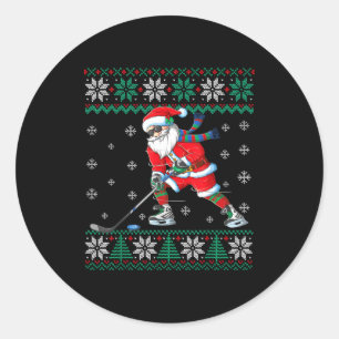 Funny Santa Claus Christmas Ice Hockey Ugly Sweate Classic Round Sticker