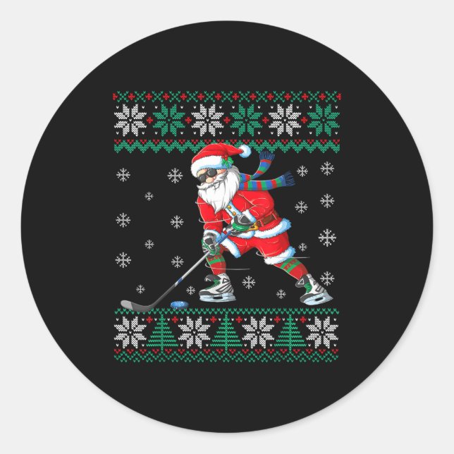 Funny Santa Claus Christmas Ice Hockey Ugly Sweate Classic Round Sticker (Front)