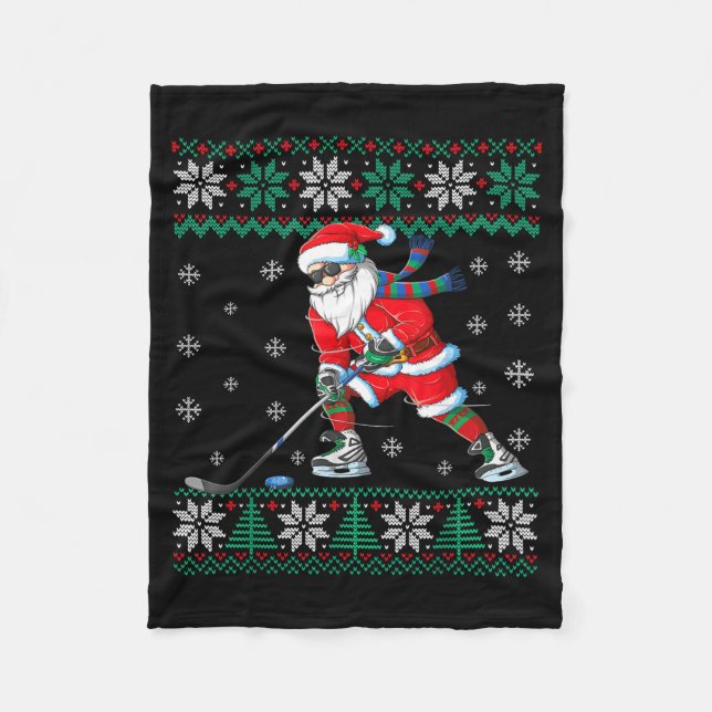 Funny Santa Claus Christmas Ice Hockey Ugly Sweate Fleece Blanket (Front)