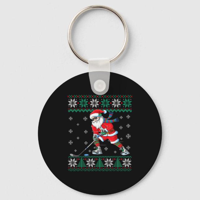 Funny Santa Claus Christmas Ice Hockey Ugly Sweate Keychain (Front)