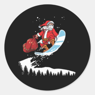Funny Santa Claus Christmas Snowboarding Classic Round Sticker