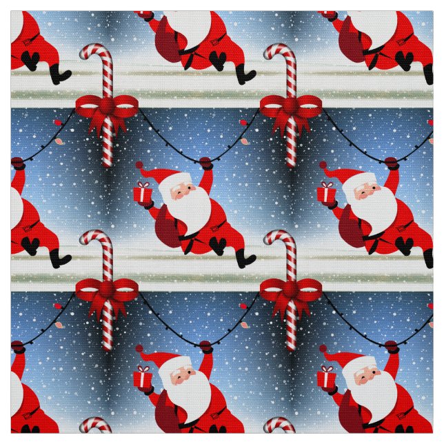 Funny Santa Claus delivering Gifts Candy Cane Fabric (Swatch)