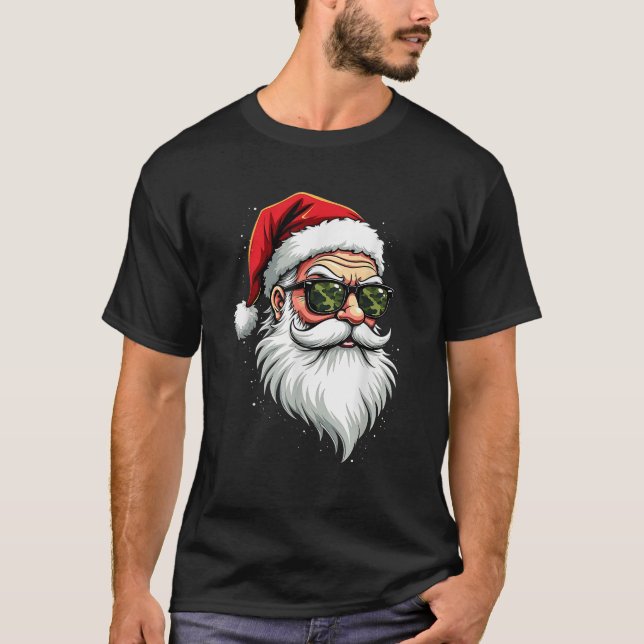 Funny Santa Claus Face Sunglasses Camo Camouflage  T-Shirt (Front)